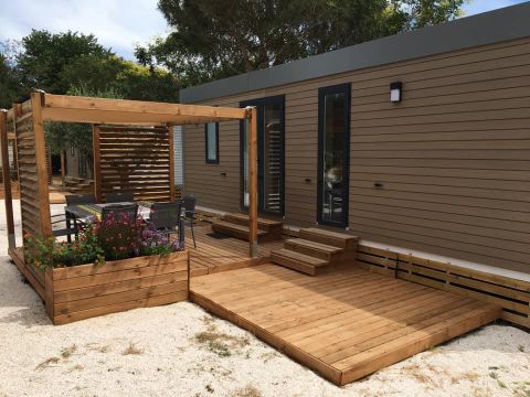 MOBILHOME 6 personnes - Mobil-home LAURIER ROSE Premium (3 chambres) 33m2 - terrasse couverte 19m2+ LV + TV + Climatisation 1/7 pers