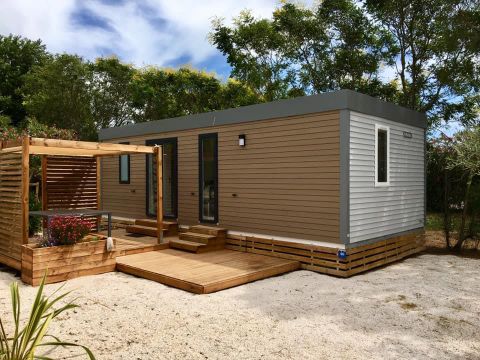 MOBILHOME 6 personnes - Mobil-home LAURIER ROSE Premium (3 chambres) 33m2 - terrasse couverte 19m2+ LV + TV + Climatisation 1/7 pers