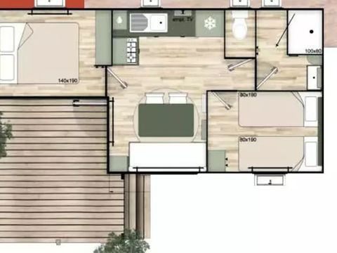 MOBILHOME 4 personnes - Cottage Confort 30m² - (2 chambres) - dont 8m2 de terrasse intégrée + Climatisation + TV 4 pers