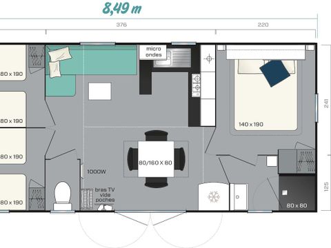 MOBILHOME 7 personnes - Mobil-home confort 34 m2 (3ch-6/7 pers) + terrasse 6/7 pers