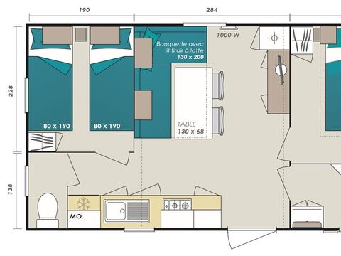 Mobilhome 4 personnes - Confort 30m² - 2 chambres - Terrasse couverte 13m² - TV