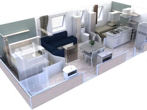 Mobilhome 4 personnes - Premium 34m² - 2 chambres - Climatisation - Lave-vaiselle - TV