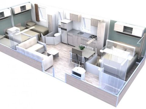 Mobilhome 6 personnes - Premium 36m² - 3 chambres - Climatisation - Lave-vaiselle - TV