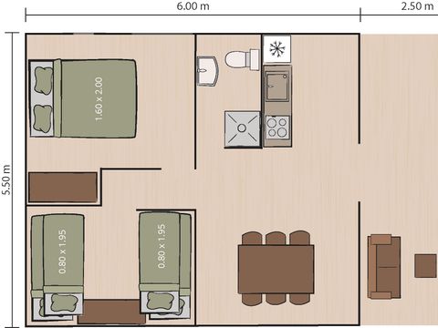 TENTE TOILE ET BOIS 5 personnes - Valkanela - Tente safari + sanitaires + climatisation (6P)