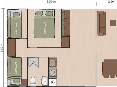 TENTE TOILE ET BOIS 5 personnes - Valkanela - Tente safari + sanitaires + climatisation (6P)