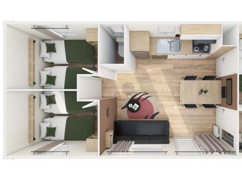 MOBILHOME 6 personnes - Homeflower Premium 35m² (3 chambres) + CLIM + terrasse semi-couverte + TV + draps + serviettes