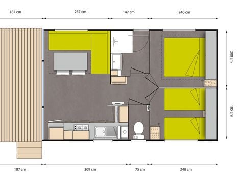 Mobilhome 4 personnes - Confort Plus 33m² - 2 chambres - Climatisation - TV - Lave-vaisselle - Terrasse couverte –