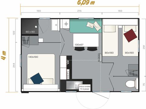 MOBILHOME 4 personnes - Hawaii 21.70m², 2 chambres, climatisation+terrasse couverte 11m². Neuf