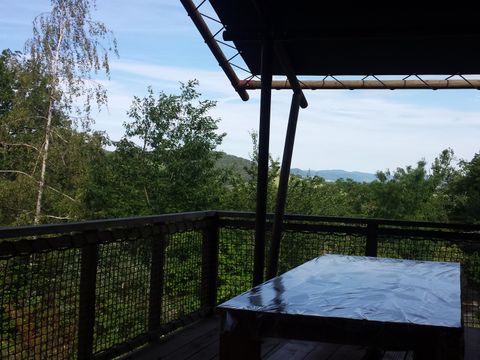 Tente en toile et en bois 5 personnes - Tente SAFARI WOODLODGE 59m² / 2 chambres - terrasse couverte (sanitaires privatifs)