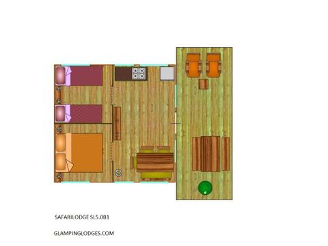 Tente en toile et en bois 5 personnes - Tente SAFARI LODGE NATURE 42m²/ 2 chambres - terrasse couverte (sans sanitaire privatif)
