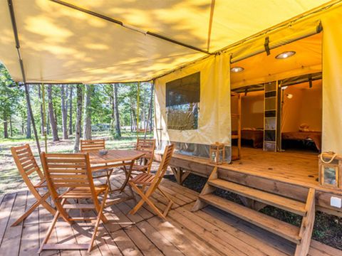 Tente en toile et en bois 4 personnes - Tente Marquise 2 chambres