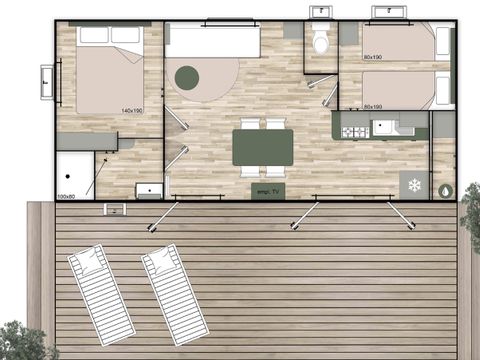 MOBILHOME 5 personnes - Home Flower Premium 26,5m² (2 chambres, 4 adultes max + 1 petit enfant) terrasse couverte 16m²