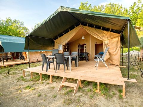 Tente en toile et en bois 6 personnes - Tente Safari avec salle de bain privé