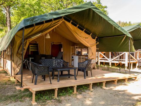 Tente en toile et en bois 6 personnes - Tente Safari avec salle de bain privé