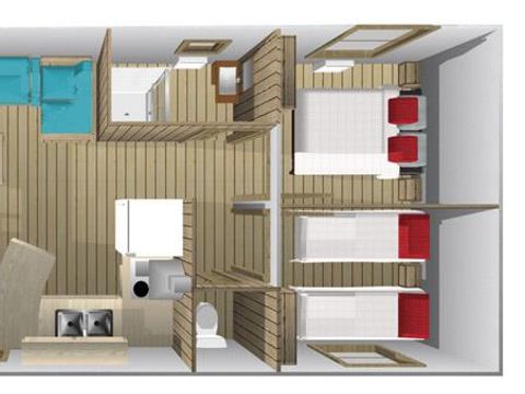Hébergement 7 personnes - Cabane Lodge Premium sur pilotis 32m² - 2 chambres (avec sanitaires) + terrasse + TV 4/7 pers.