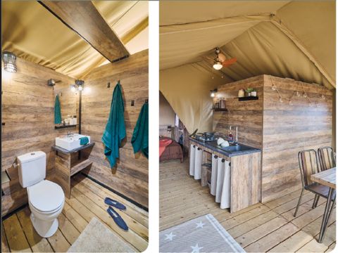 Tente en toile et en bois 5 personnes - Lodge Kenya Evasion Confort 34m² - 2 chambres 2/5 personnes (avec sanitaires) + Terrasse 5 pers.