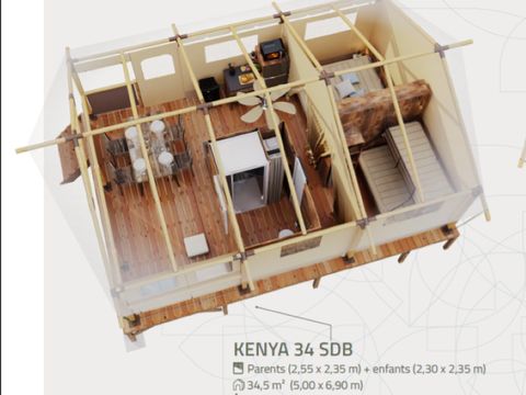 Tente en toile et en bois 5 personnes - Lodge Kenya Evasion Confort 34m² - 2 chambres 2/5 personnes (avec sanitaires) + Terrasse 5 pers.