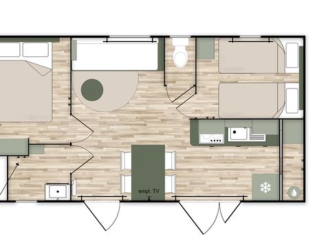 MOBILHOME 4 personnes - COTTAGE Premium 2ch   29m² 2 chambres + TV + Lave-vaisselle + climatisation + plancha + terrasse XL