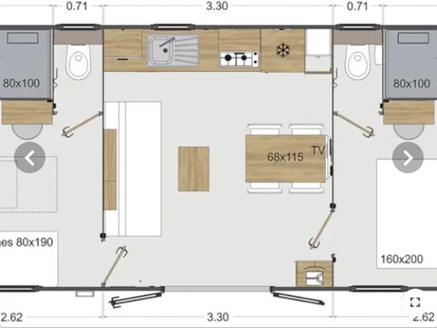 MOBILHOME 4 personnes - Olivier (2023), 2 chambres 2salles de bain, grand salon (tv), terrasse, wifi