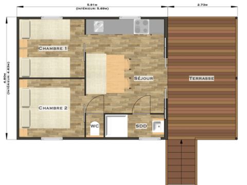 MOBILHOME 5 personnes - cottage premium Dimanche (2022) bord de rivière, 2 chambres, terrasse couverte 5 pers