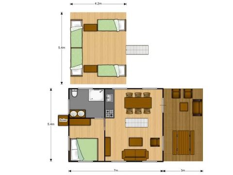 Tente en toile et en bois 6 personnes - Lodge PREMIUM BAHAMAS 6 personnes MEZZANINE