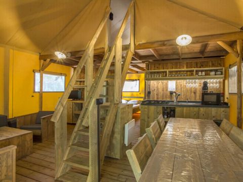 Tente en toile et en bois 6 personnes - Lodge PREMIUM BAHAMAS 6 personnes MEZZANINE