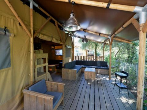 Tente en toile et en bois 8 personnes - Lodge PREMIUM BAHAMAS 8 personnes MEZZANINE