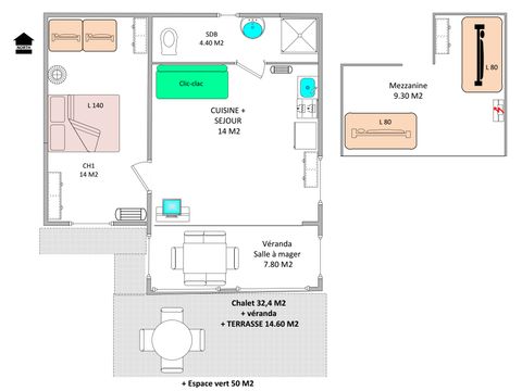 Chalet 6 personnes - Véranda - 1 chambre - +1 Mez.