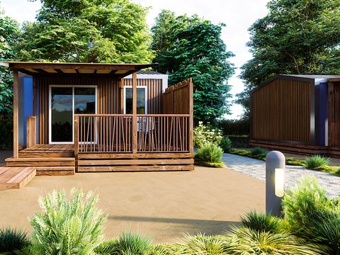 MOBILHOME 2 personnes - Cottage Premium 18m² (1 chambre) + terrasse couverte + LV + TV + Draps + serviettes