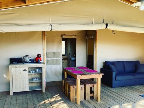 Tente en toile et en bois 5 personnes - Lodge Cotton Premium - 2 chambres + Spa privatif