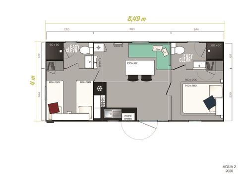 MOBILHOME 4 personnes - Premium 34 m² - 2 chambres + 2 salles de bains + terrasse semi-couverte + spa privatif