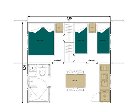 TENTE TOILE ET BOIS 4 personnes - Lodge Toilé Confort 25m² (2 chambres) - avec sanitaires - terrasse couverte
