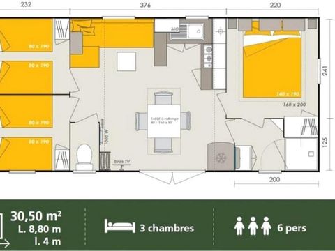 MOBILHOME 6 personnes - Homeflower Premium 3 chambres 30.5m² + Terrasse semi-couverte + TV + LV