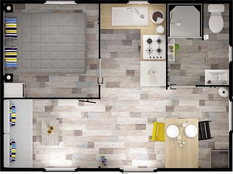 Mobilhome 2 personnes - Confort 21m² - 1 chambre - Terrasse semi-couverte 12m² - TV - Climatisation