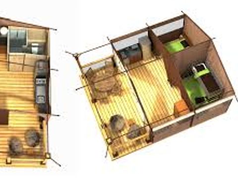 Tente en toile et en bois 5 personnes - Tente Lodge Victoria 30 m² avec salle de bain - terrasse couverte 5 pers