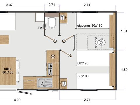 MOBILHOME 6 personnes - Mobil-home Premium 32 m² 3 chambres + terrasse 21m² + TV + LV + clim + plancha 6 pers