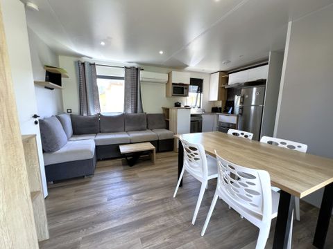 Mobilhome 6 personnes - Mobil-home Premium 38 m² 3 chambres + terrasse 21m² + TV + LV + clim + plancha + 2 SDB 6 pers