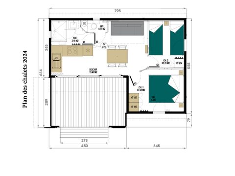 CHALET 4 personnes - Premium 32m² - 2 chambres  (CLIM + TV + Plancha)