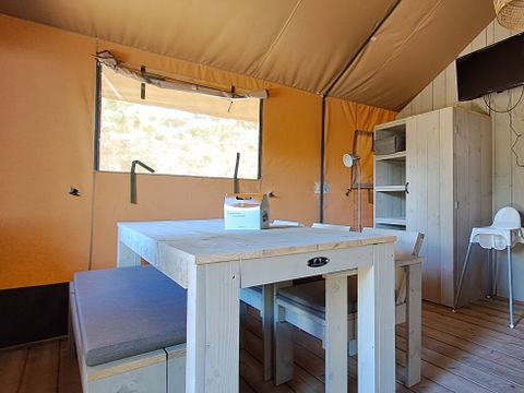 Tente en toile et en bois 6 personnes - Tente Lodge Prestige Plus - 2 chambres - 1 salle de bain - 35m²