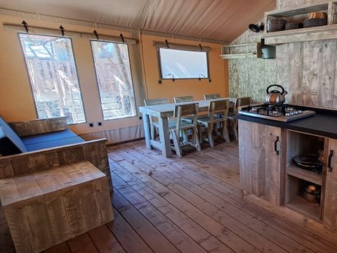 TENTE TOILE ET BOIS 5 personnes - Tente Wood Prestige Plus 5pers 2ch 1SDB 38m²