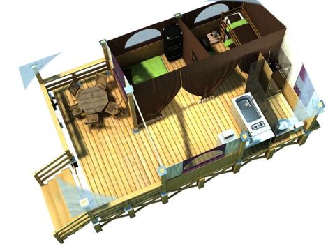 Tente en toile et en bois 5 personnes - Lodge - NIAGARA 40m² avec salle de bain