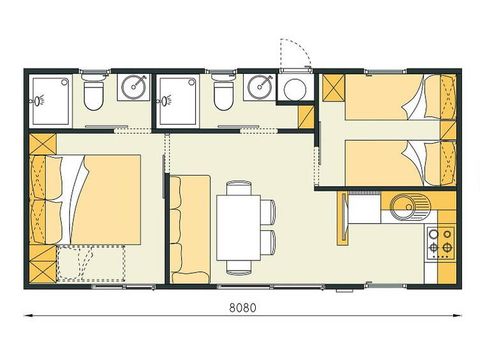 MOBILHOME 6 personnes - Mobil-home | Comfort | 2 Ch. | 4/6 Pers. | Terrasse surélevée | 2 SDB | Clim. | TV