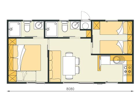 MOBILHOME 6 personnes - Mobil-home | Comfort | 2 Ch. | 4/6 Pers. | Terrasse surélevée | 2 SDB | Clim. | TV