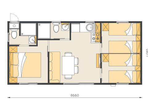 MOBILHOME 6 personnes - Mobil-home | Comfort | 3 Ch. | 6 Pers. | Terrasse surélevée | 2 SDB | Clim. | TV