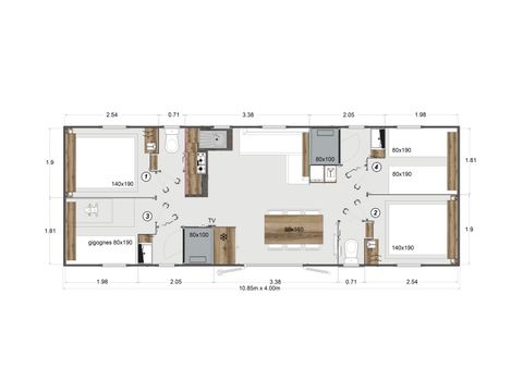 MOBILHOME 8 personnes - Prestige Smala - 4 chambres - 2 salles de bains - 2 WC - CLIM - TV + Lave vaisselle