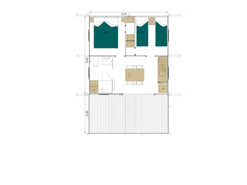 Tente en toile et en bois 4 personnes - Safari Lodge - 2 chambres : 26m² - terrasse semi-couverte 25m² 4 pers.