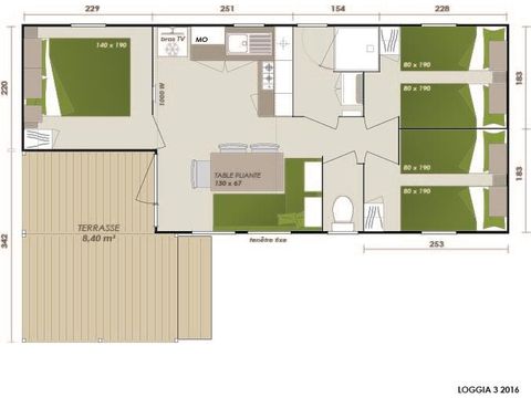 Mobilhome 6 personnes - Family - 3 chambres - PREMIUM -30m²-Roselune-Clim-TV-lave-vaiss.-plancha-terrasse - XXL couverte
