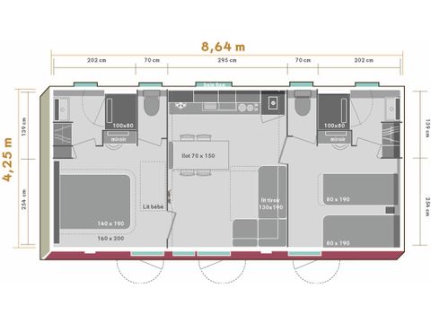 MOBILHOME 5 personnes - Premium PLUS 2ch 2 SDB-TV-LV-plancha-terrasse couverte-33m² | PREMIUM