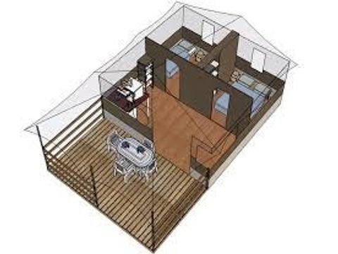 Tente en toile et en bois 5 personnes - Freeflower Confort 37m² (2 chambres) + terrasse couverte 13m² - sans sanitaires - 5 pers
