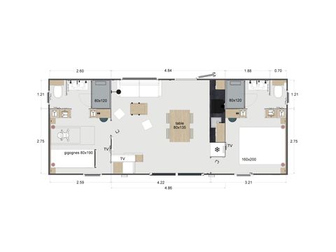 Mobilhome 1/4 personnes - Crecy la Chapelle : - QUEEN - 2 chambres - 2 salles de bain - AVEC CLIMATISEUR - DRAPS ET SERVIETTES INCLUS